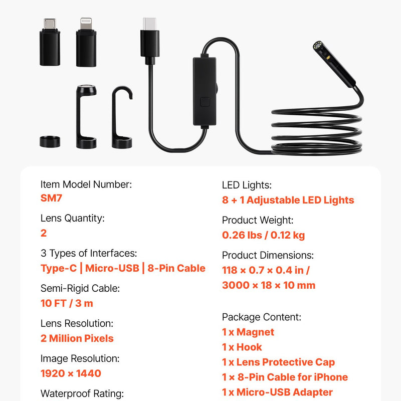 VEVOR divu objektīvu boroskopa endoskopiskā kamera Android, IOS ierīcēm un 3 m čūskas kabelis