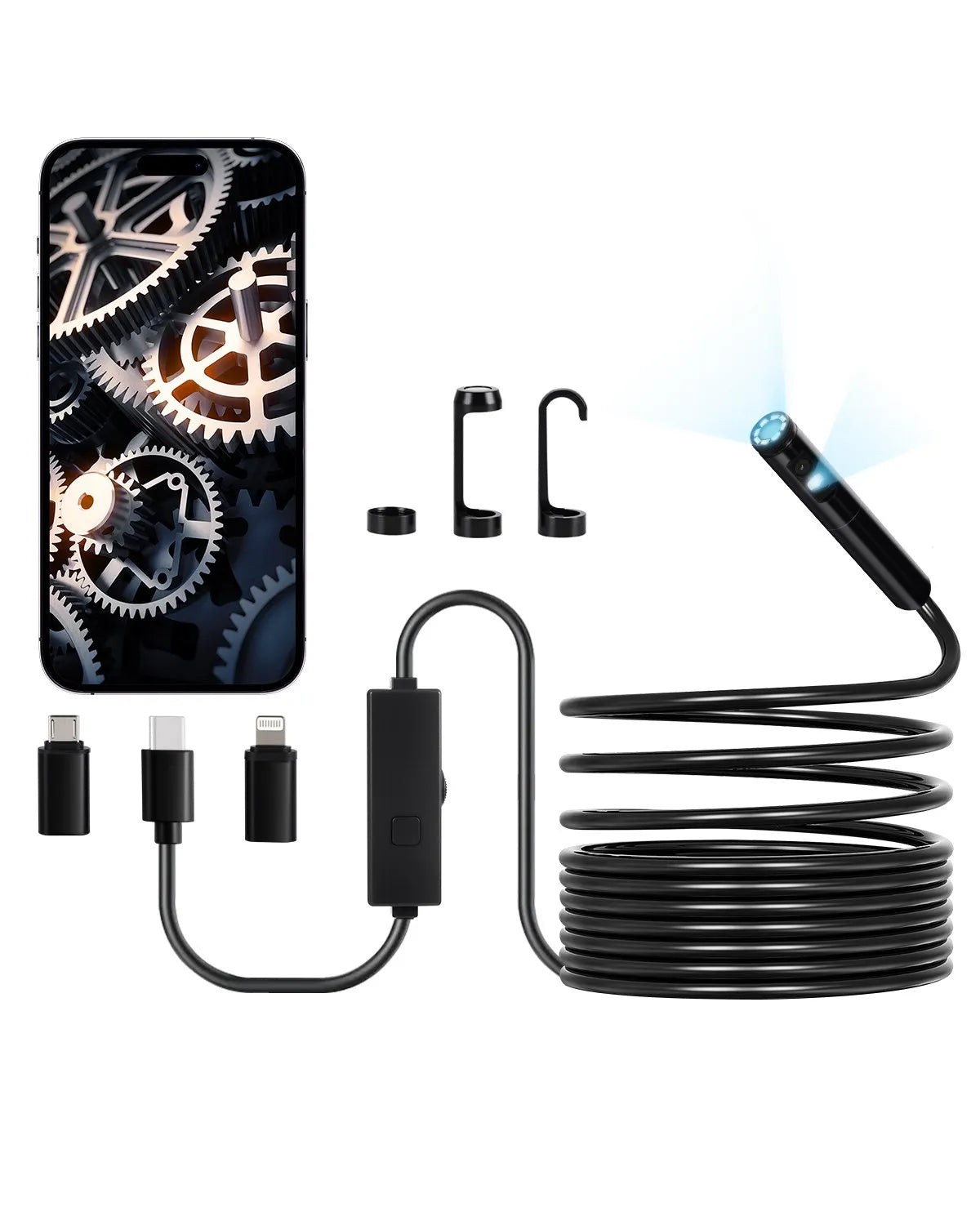 VEVOR endoskopa kamera ar apgaismojumu, divu lēcu boreskopa kamera Android un iOS ierīcēm, 1920P HD inspekcijas kamera ar 8 + 1 LED apgaismojumu, 2× palielinājums, 5 m elastīgs kabelis, IP67 ūdensizturīga kamera automobiļiem un santehnikai