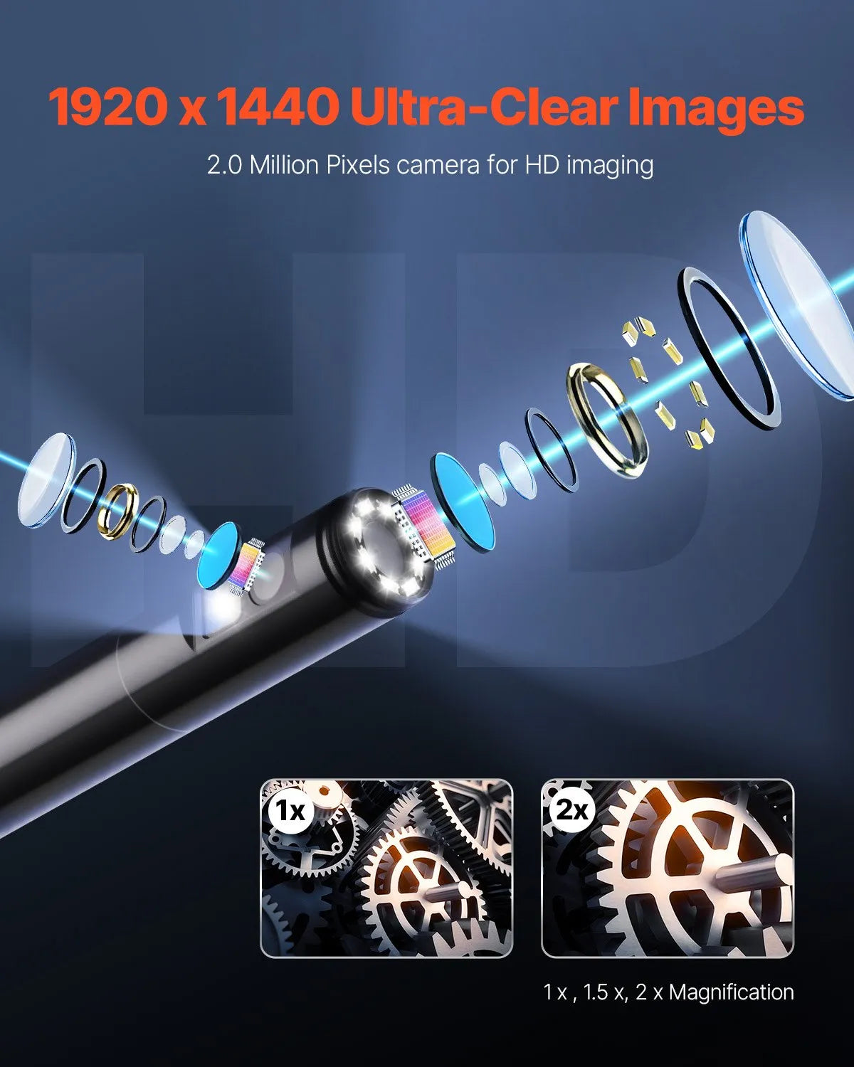 VEVOR endoskopa kamera ar apgaismojumu, divu lēcu boreskopa kamera Android un iOS ierīcēm, 1920P HD inspekcijas kamera ar 8 + 1 LED apgaismojumu, 2× palielinājums, 5 m elastīgs kabelis, IP67 ūdensizturīga kamera automobiļiem un santehnikai