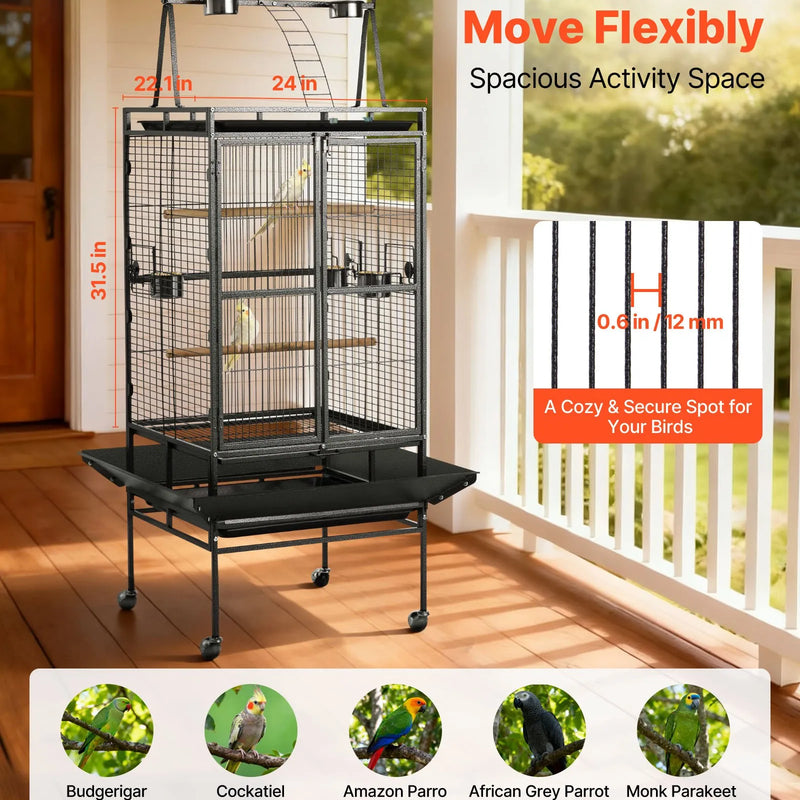 VEVOR putnu būris 830 × 790 × 2100 mm ar atvērtu plakanu augšu, kalta dzelzs lidojuma būris ar sēžkociņiem, izvelkamu paplāti un plastmasas barotavām nimfām, mūku papagaiļiem, Amazones un Āfrikas pelēkajiem papagaiļiem
