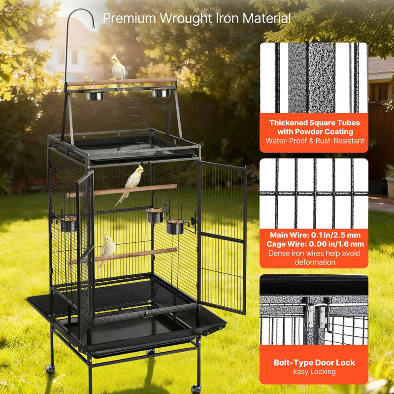 VEVOR putnu būris 830 × 790 × 2100 mm ar atvērtu plakanu augšu, kalta dzelzs lidojuma būris ar sēžkociņiem, izvelkamu paplāti un plastmasas barotavām nimfām, mūku papagaiļiem, Amazones un Āfrikas pelēkajiem papagaiļiem