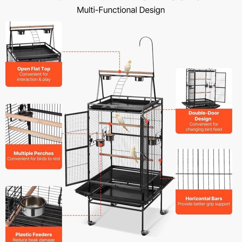 VEVOR putnu būris 830 × 790 × 2100 mm ar atvērtu plakanu augšu, kalta dzelzs lidojuma būris ar sēžkociņiem, izvelkamu paplāti un plastmasas barotavām nimfām, mūku papagaiļiem, Amazones un Āfrikas pelēkajiem papagaiļiem