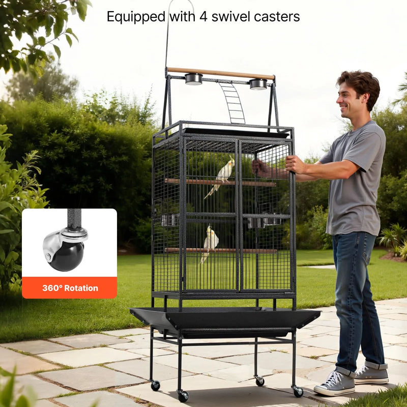 VEVOR putnu būris 830 × 790 × 2100 mm ar atvērtu plakanu augšu, kalta dzelzs lidojuma būris ar sēžkociņiem, izvelkamu paplāti un plastmasas barotavām nimfām, mūku papagaiļiem, Amazones un Āfrikas pelēkajiem papagaiļiem