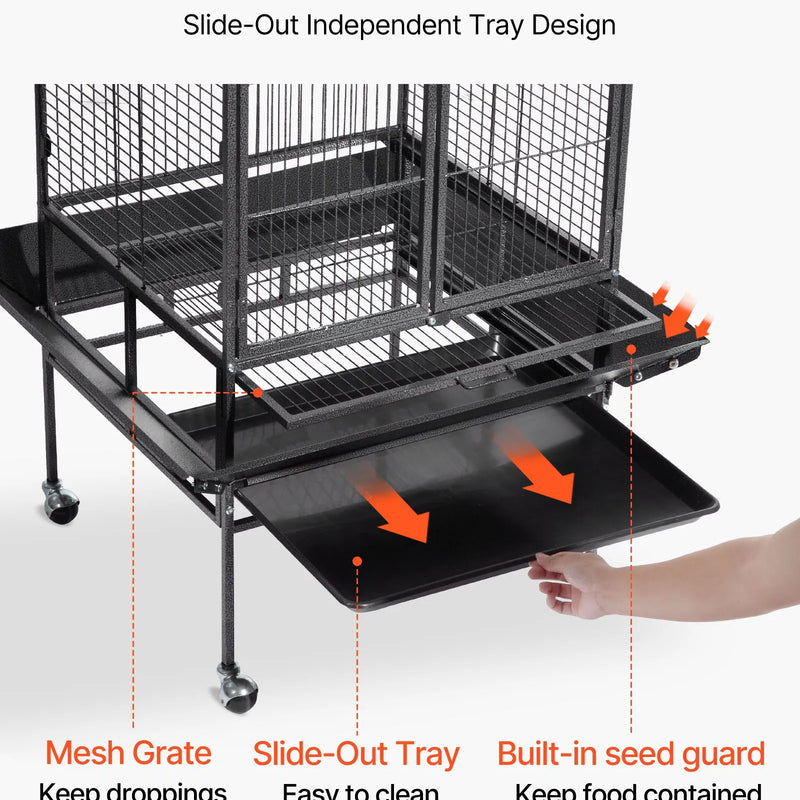 VEVOR putnu būris 830 × 790 × 2100 mm ar atvērtu plakanu augšu, kalta dzelzs lidojuma būris ar sēžkociņiem, izvelkamu paplāti un plastmasas barotavām nimfām, mūku papagaiļiem, Amazones un Āfrikas pelēkajiem papagaiļiem