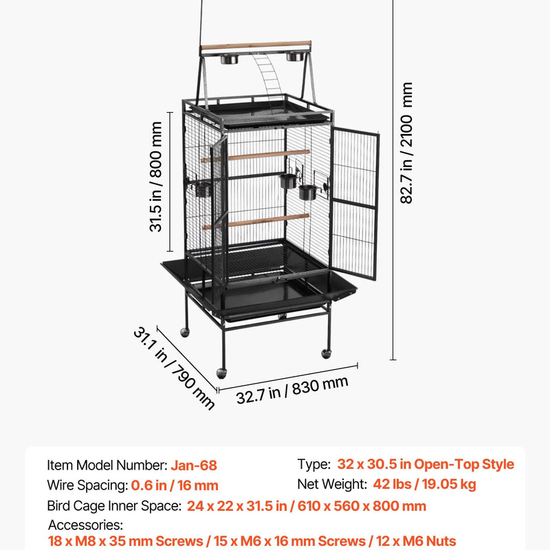 VEVOR putnu būris 830 × 790 × 2100 mm ar atvērtu plakanu augšu, kalta dzelzs lidojuma būris ar sēžkociņiem, izvelkamu paplāti un plastmasas barotavām nimfām, mūku papagaiļiem, Amazones un Āfrikas pelēkajiem papagaiļiem