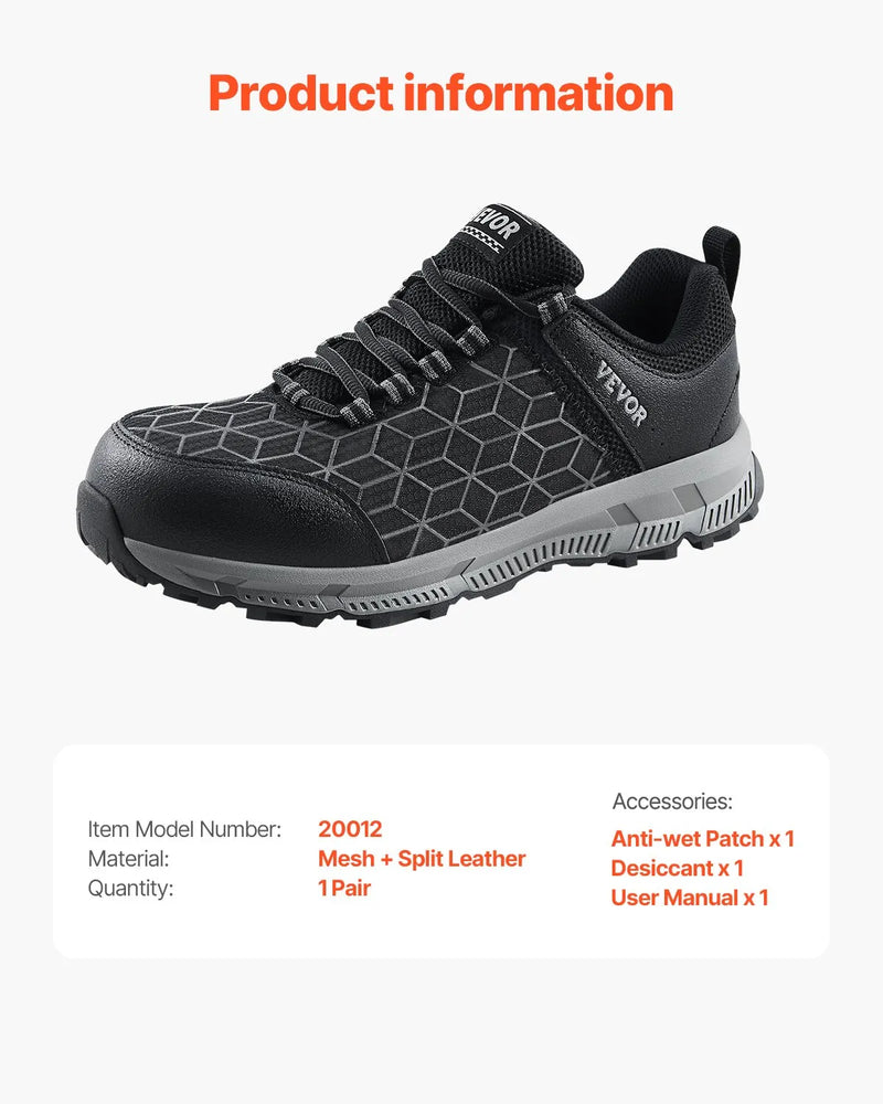 42_VEVOR vīriešu drošības apavi ar tērauda purngalu, izmērs EU-42, polsterēti viegli un elpojoši sporta tipa darba apavi rūpniecībai un būvniecībai, melni.