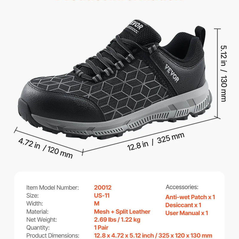 44_VEVOR tērauda purngala vīriešu darba sporta apavi, izmērs EU 44, viegli, elpojoši drošības apavi celtniecībai, melni