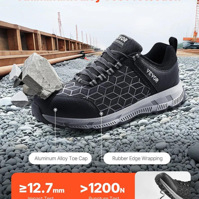 44.5_VEVOR vīriešu apavi ar tērauda purngalu, izmērs US 10.5 Wide (ES 44.5), sporta tipa drošības darba apavi ar amortizāciju, izturīgi, viegli un elpojoši darba apavi rūpniecībai un būvniecībai, melni