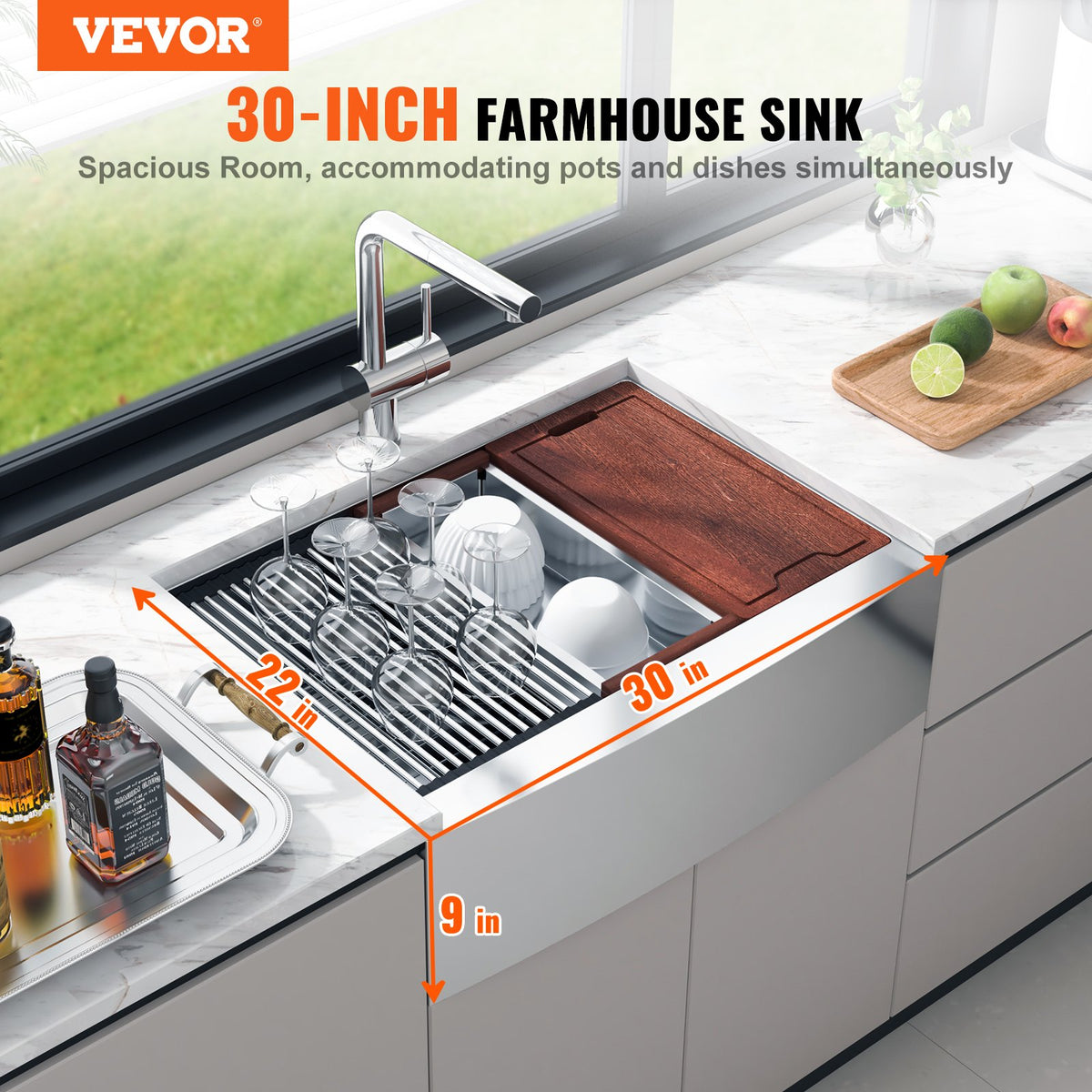 VEVOR Outdoor Kitchen Sink 76 cm, Single Bowl with Drainboard, 304 Stainless Steel, Top Mount