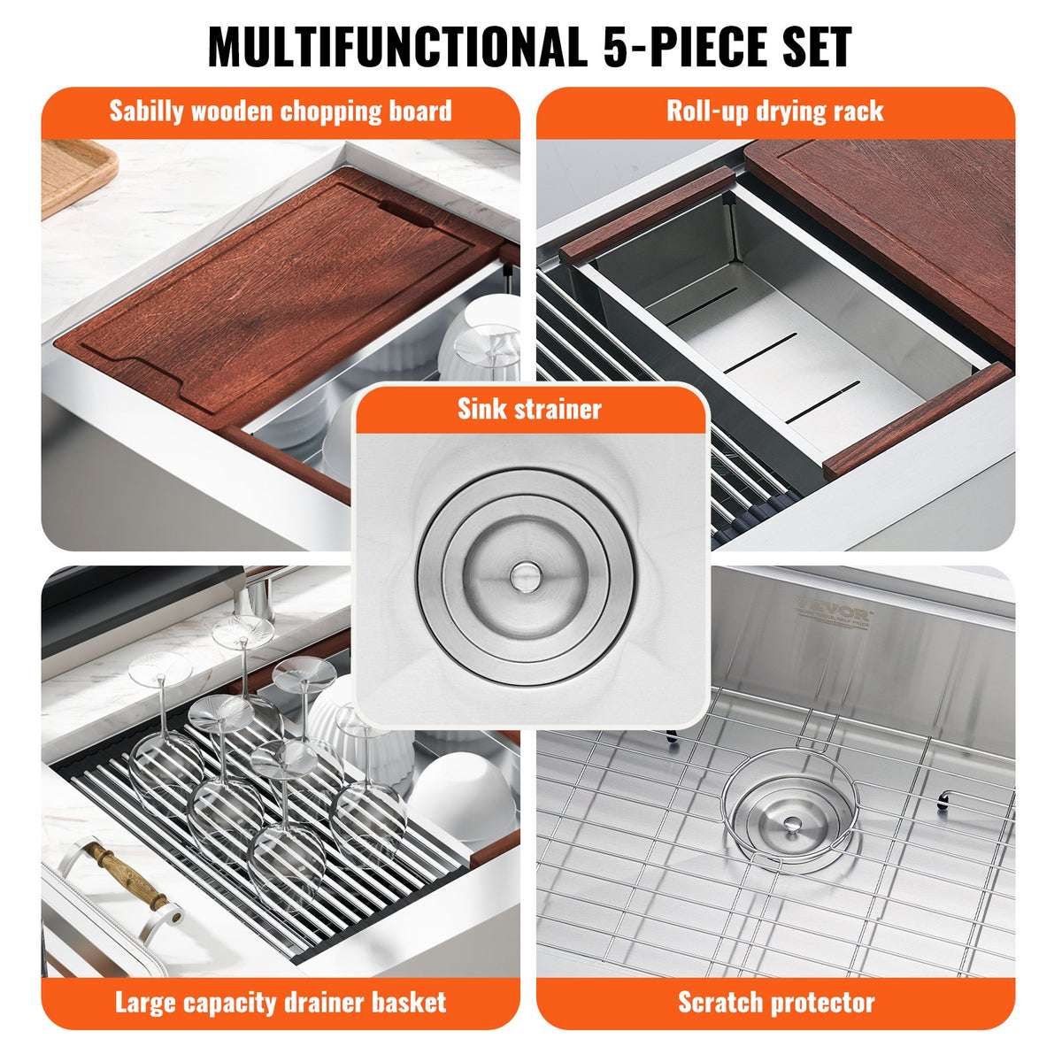 VEVOR Outdoor Kitchen Sink 76 cm, Single Bowl with Drainboard, 304 Stainless Steel, Top Mount