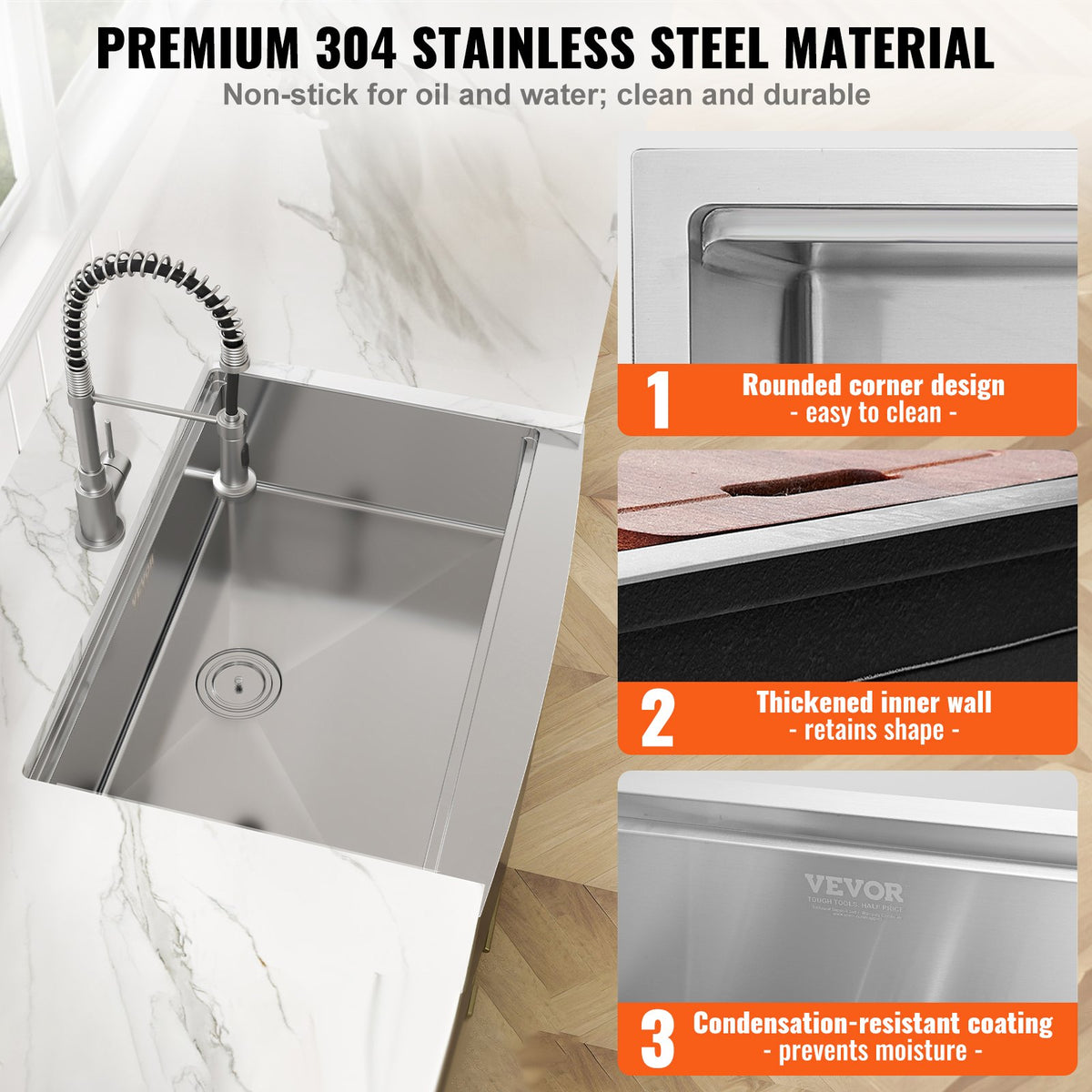 VEVOR Outdoor Kitchen Sink 76 cm, Single Bowl with Drainboard, 304 Stainless Steel, Top Mount
