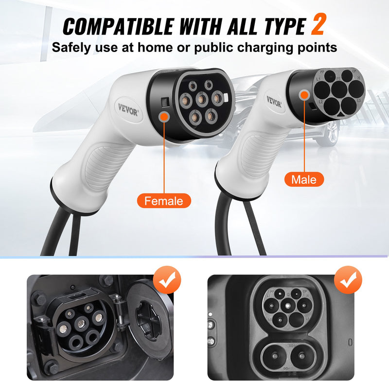 VEVOR Type 2 uz Type 2 EV uzlādes kabelis, 16A, 5 m, 11kW, TPU pārklājums, piemērots elektrisko transportlīdzekļu uzlādei.