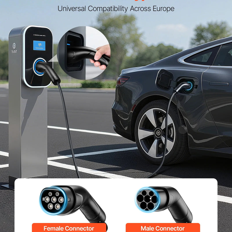 VEVOR elektromobiļu lādētāja pagarinātāja kabelis 16 A, 10 m, līdz 11 kW, saderīgs ar visiem Type 2 elektromobiļu lādētājiem, 3 fāžu AC 480 V 50 Hz, IP65 izturīgs uzlādes kabelis ar pārnēsāšanas somu