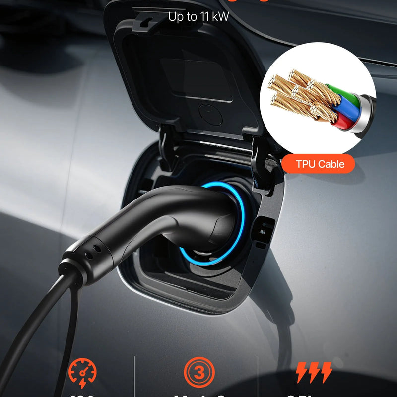 VEVOR elektromobiļu lādētāja pagarinātāja kabelis 16 A, 10 m, līdz 11 kW, saderīgs ar visiem Type 2 elektromobiļu lādētājiem, 3 fāžu AC 480 V 50 Hz, IP65 izturīgs uzlādes kabelis ar pārnēsāšanas somu