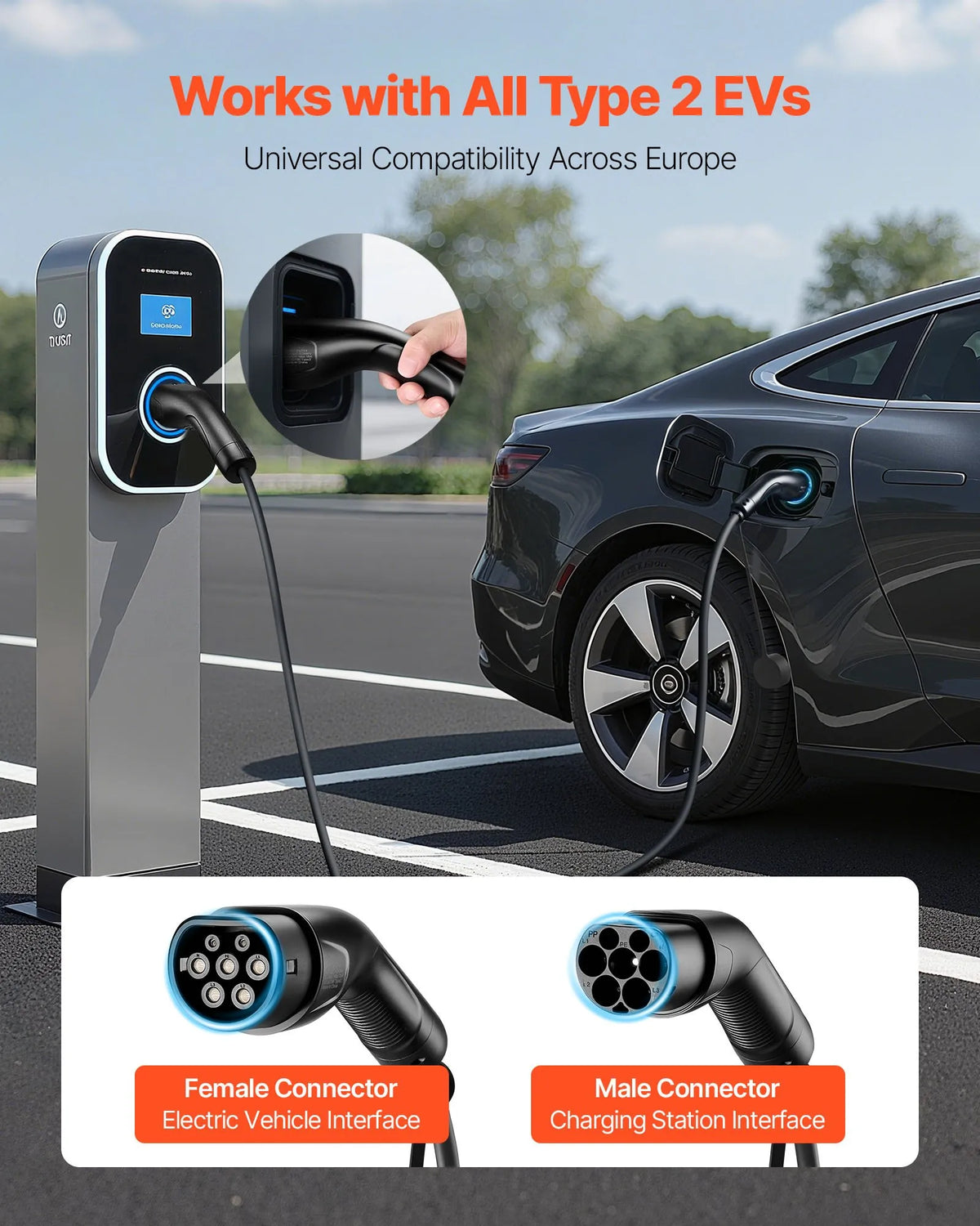 VEVOR elektromobiļu lādētāja pagarinātājs 16 A, 7 m, līdz 11 kW, saderīgs ar visiem Type 2 elektromobiļu lādētājiem, 3 fāžu AC 480 V 50 Hz, IP65 izturīgs uzlādes kabelis ar pārnēsāšanas somu