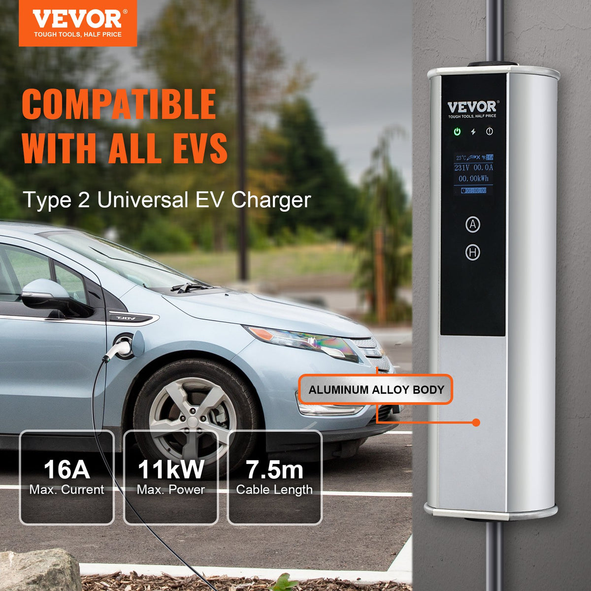 VEVOR parnēsājams EV lādētājs, Tips 2, EV uzlādes kabelis, 16A, CEE 16, 7,55 м, 230В/400В