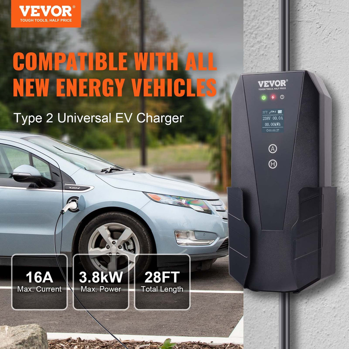 VEVOR pārnēsājamais EV lādētājs, Type 2, 16A, 3.7kW, elektrisko transportlīdzekļu lādētājs ar 8,5 m uzlādes kabeli, CEE 7/7 spraudni, LCD ekrānu, IEC 62196, mājas EV uzlādes stacija ar pārnēsājamo somu un kabeļa turētāju, IP66.
