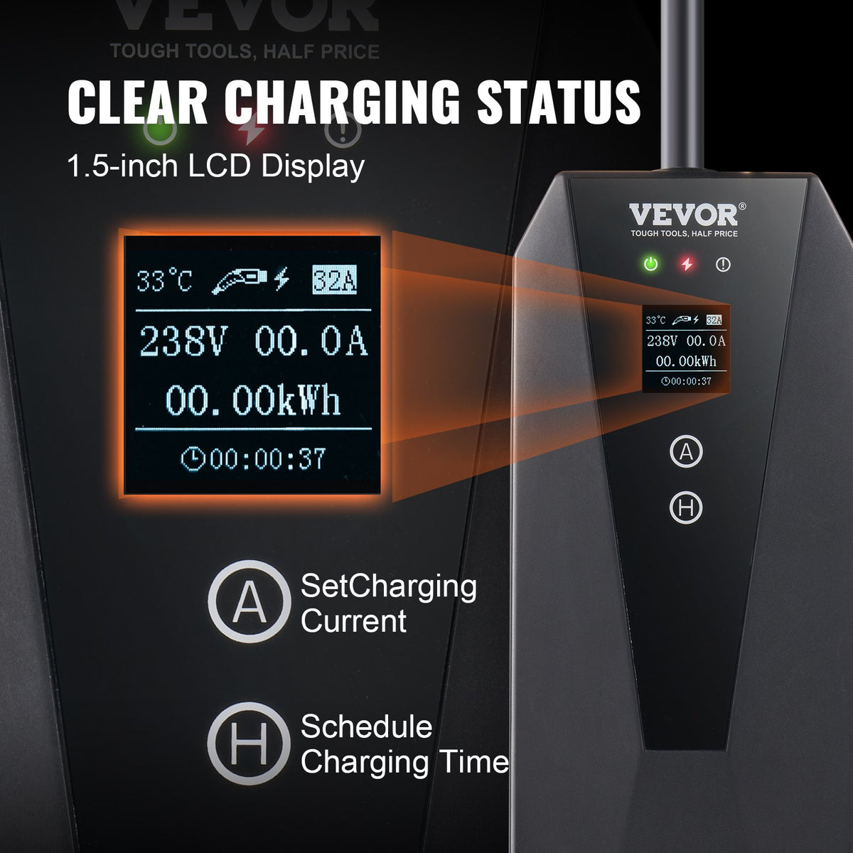 VEVOR pārnēsājamais EV lādētājs, Type 2, 16A, 3.7kW, elektrisko transportlīdzekļu lādētājs ar 8,5 m uzlādes kabeli, CEE 7/7 spraudni, LCD ekrānu, IEC 62196, mājas EV uzlādes stacija ar pārnēsājamo somu un kabeļa turētāju, IP66.