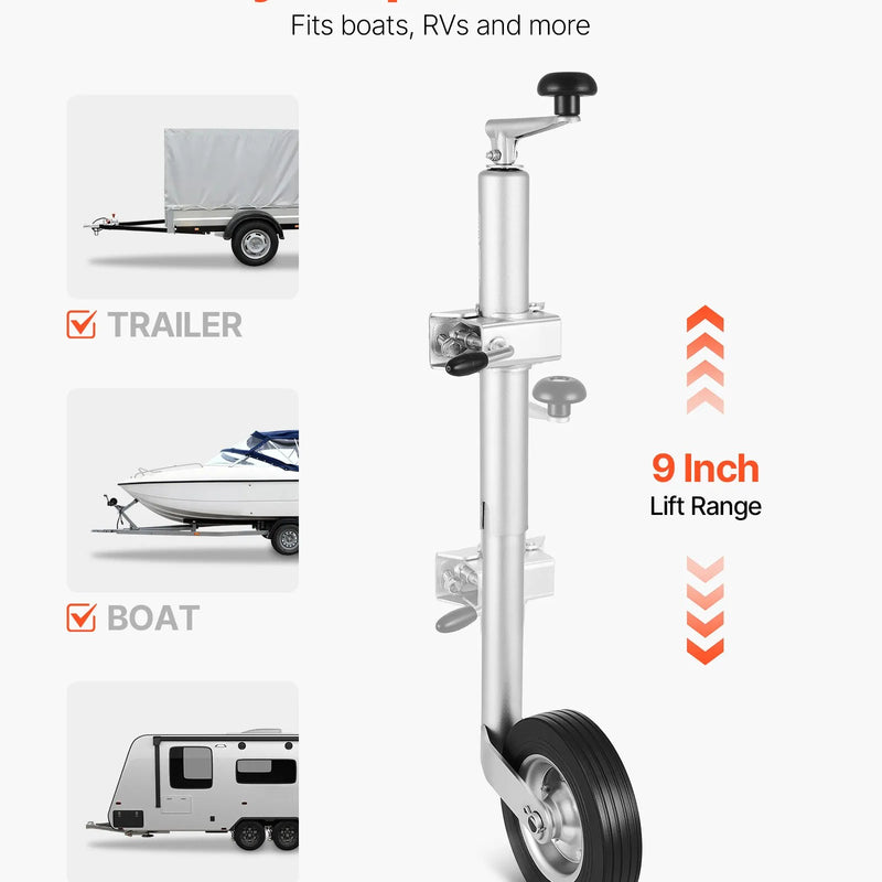 VEVOR piekabes domkrats ar riteni, 150 kg kravnesība, izturīgs piekabināms piekabes stūres domkrats ar vienu riteni un ergonomisku rokturi, 230 mm pacelšanas gājiens, piemērots kemperiem, zirgu piekabēm un universālajām piekabēm