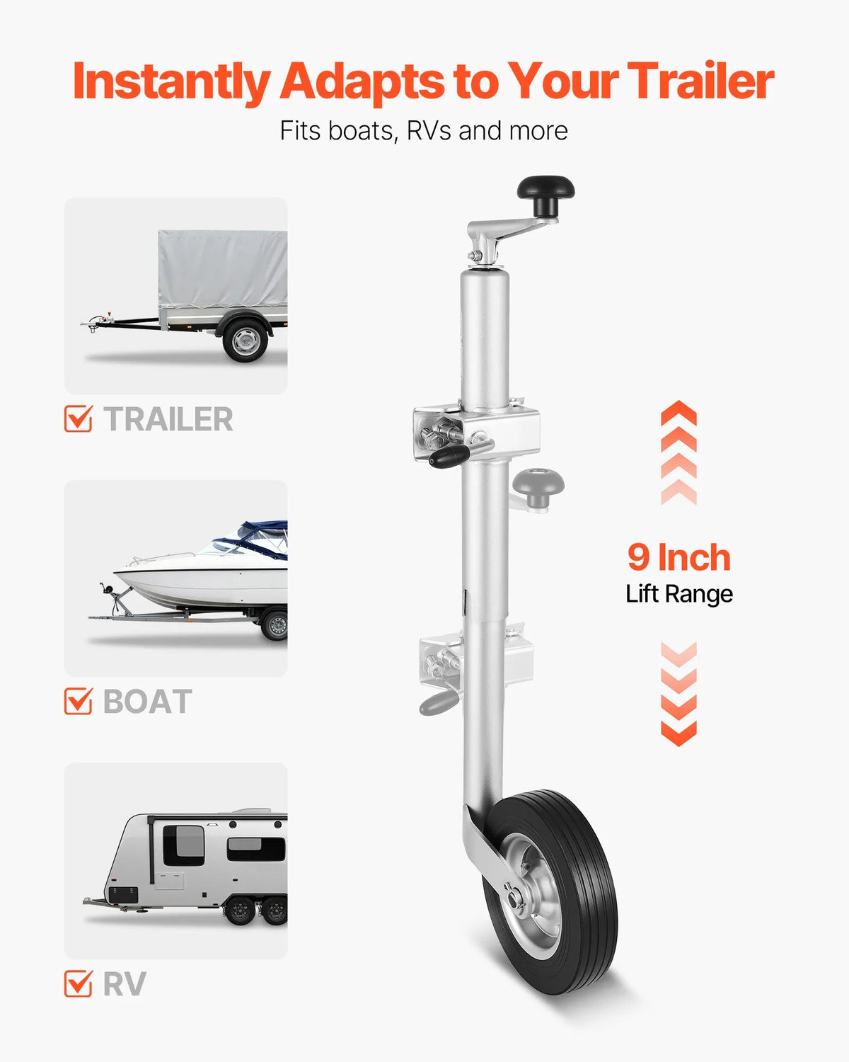 VEVOR piekabes domkrats ar riteni, 150 kg kravnesība, izturīgs piekabināms piekabes stūres domkrats ar vienu riteni un ergonomisku rokturi, 230 mm pacelšanas gājiens, piemērots kemperiem, zirgu piekabēm un universālajām piekabēm