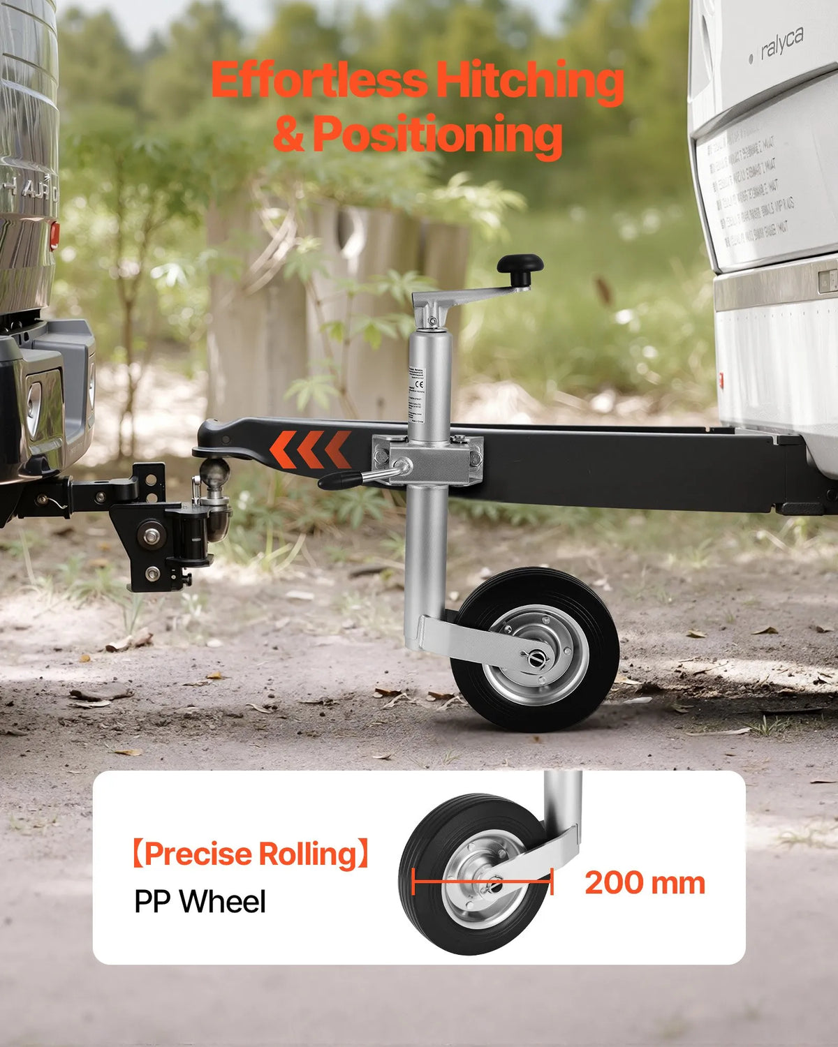VEVOR piekabes domkrats ar riteni, 150 kg kravnesība, izturīgs piekabināms piekabes stūres domkrats ar vienu riteni un ergonomisku rokturi, 230 mm pacelšanas gājiens, piemērots kemperiem, zirgu piekabēm un universālajām piekabēm