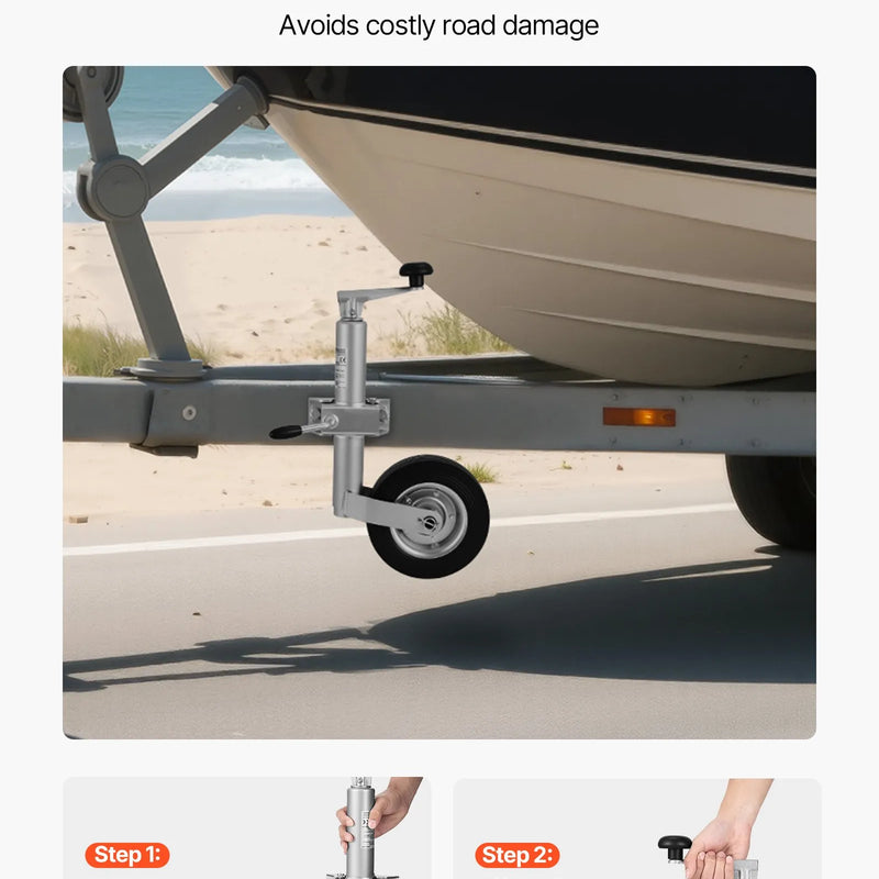 VEVOR piekabes domkrats ar riteni, 150 kg kravnesība, izturīgs piekabināms piekabes stūres domkrats ar vienu riteni un ergonomisku rokturi, 230 mm pacelšanas gājiens, piemērots kemperiem, zirgu piekabēm un universālajām piekabēm