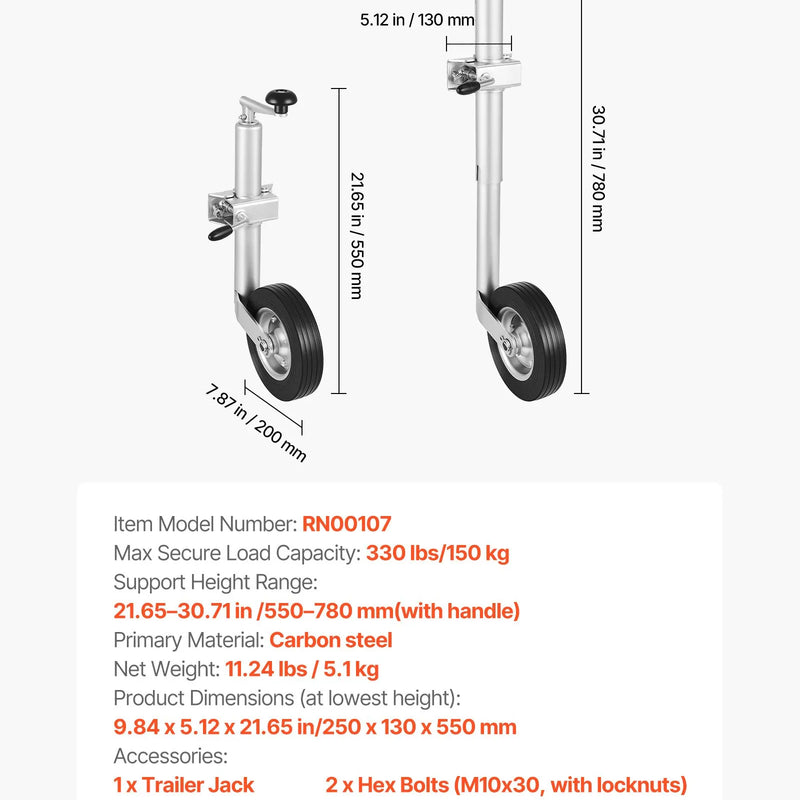 VEVOR piekabes domkrats ar riteni, 150 kg kravnesība, izturīgs piekabināms piekabes stūres domkrats ar vienu riteni un ergonomisku rokturi, 230 mm pacelšanas gājiens, piemērots kemperiem, zirgu piekabēm un universālajām piekabēm