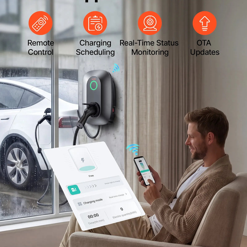 VEVOR 7 kW vienfāzes elektroautomobiļu uzlādes stacija ar Type 2 savienotāju, 230 V, 32 A, lietotnes attālināto vadību, LED indikatoru un IP54