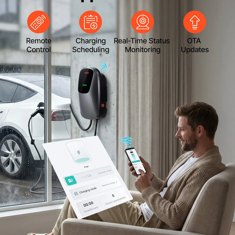 VEVOR 11 kW trīsfāžu elektroautomobiļu uzlādes stacija ar Type 2 savienotāju, 7,5 m kabeli, 400 V, 16 A, lietotnes attālināto vadību, LED indikatoru un IP65