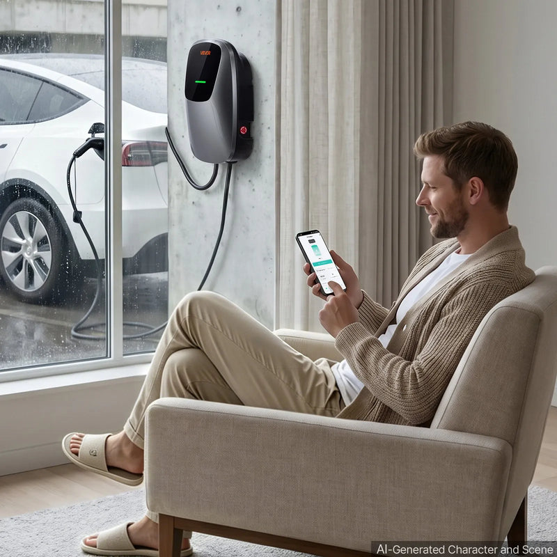 VEVOR 11 kW trīsfāžu elektroautomobiļu uzlādes stacija ar Type 2 savienotāju, 7,5 m kabeli, 400 V, 16 A, lietotnes attālināto vadību, LED indikatoru un IP65