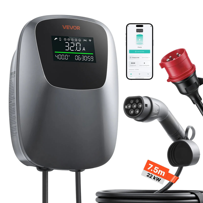 VEVOR 22 kW trīsfāžu elektroautomobiļu uzlādes stacija ar Type 2 savienotāju, CEE 32 A, 400 V, lietotnes vadību, digitālo displeju un IP65