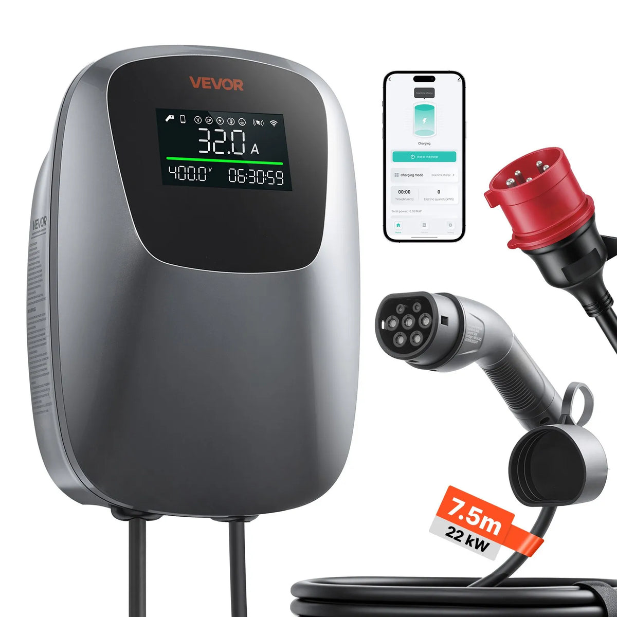 VEVOR 22 kW kolmefaasiline elektriautode laadimisjaam, millel on Type 2 pistik, CEE 32 A, 400 V, rakenduse kaudu juhtimine, digitaalne ekraan ja IP65 kaitseklass
