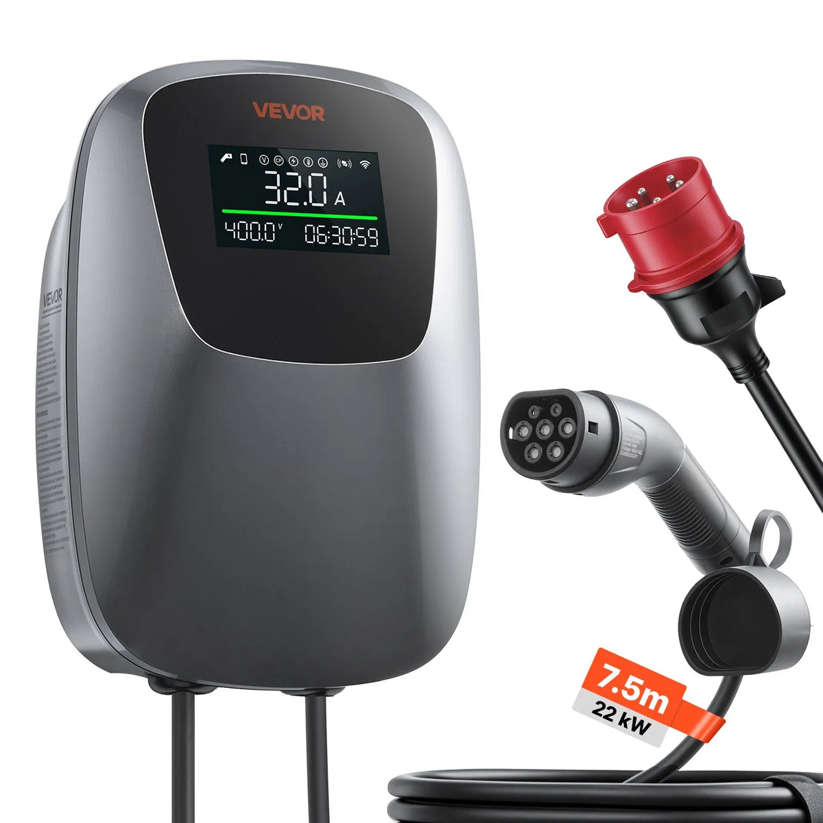 VEVOR 22 kW kolmefaasiline elektriautode laadimisjaam, millel on Type 2 pistik, CEE 32 A, 400 V, rakenduse kaudu juhtimine, digitaalne ekraan ja IP65 kaitseklass