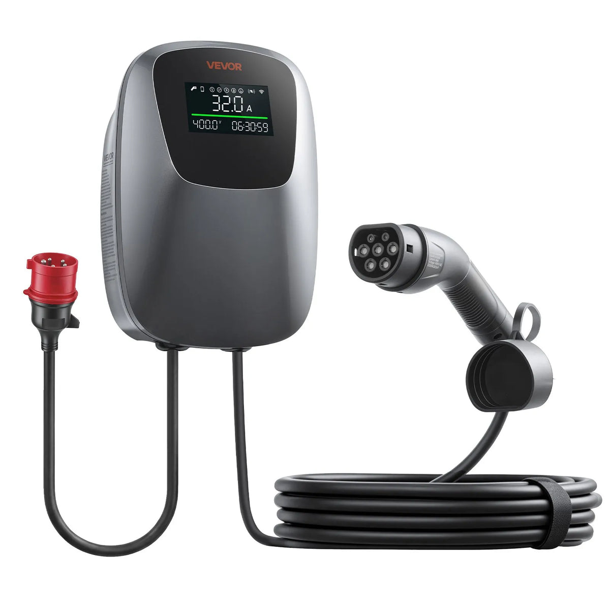 VEVOR 22 kW kolmefaasiline elektriautode laadimisjaam, millel on Type 2 pistik, CEE 32 A, 400 V, rakenduse kaudu juhtimine, digitaalne ekraan ja IP65 kaitseklass