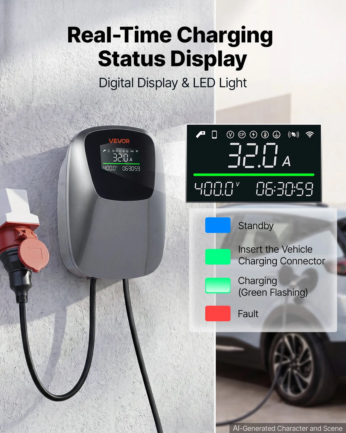 VEVOR 22 kW kolmefaasiline elektriautode laadimisjaam, millel on Type 2 pistik, CEE 32 A, 400 V, rakenduse kaudu juhtimine, digitaalne ekraan ja IP65 kaitseklass