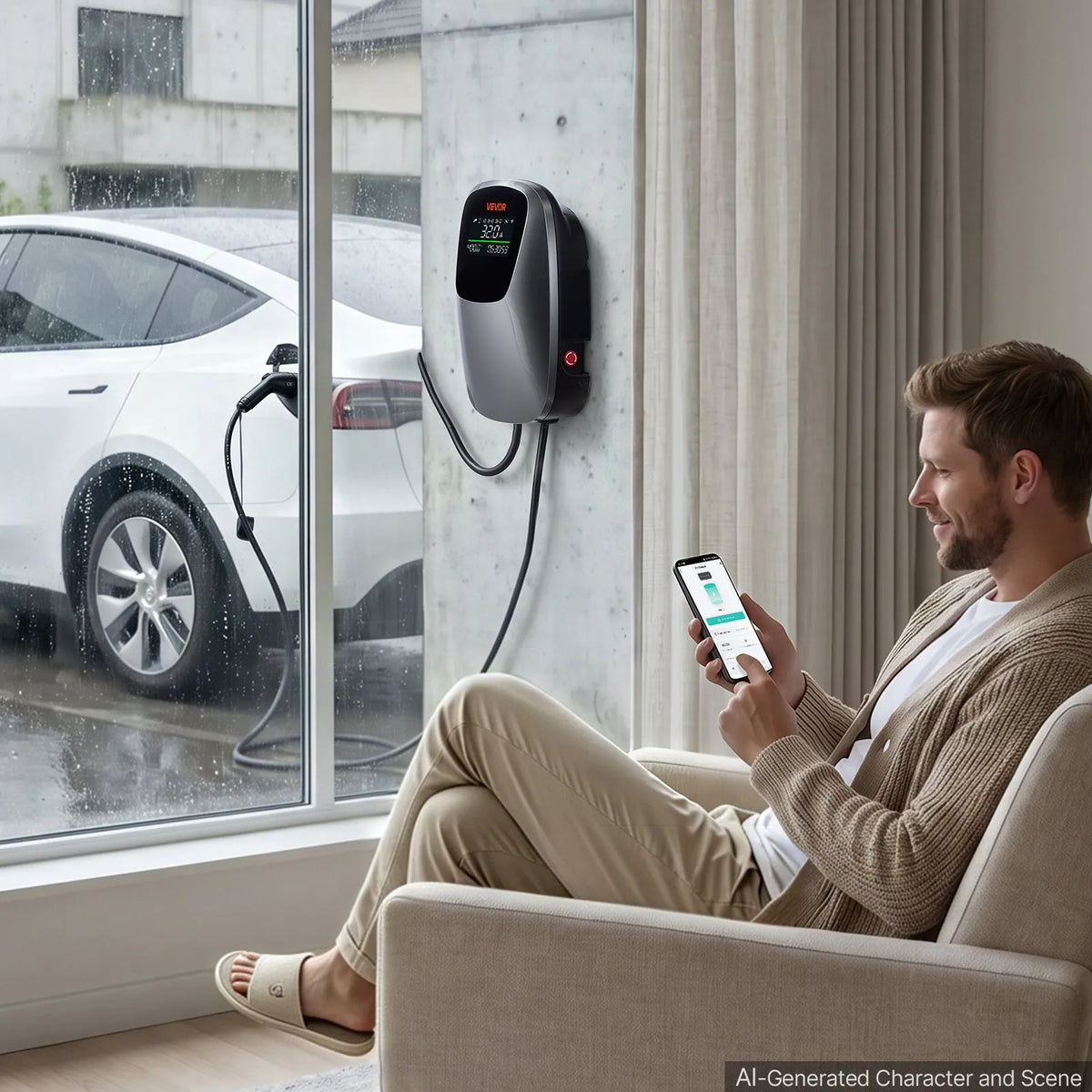 VEVOR 22 kW kolmefaasiline elektriautode laadimisjaam, millel on Type 2 pistik, CEE 32 A, 400 V, rakenduse kaudu juhtimine, digitaalne ekraan ja IP65 kaitseklass