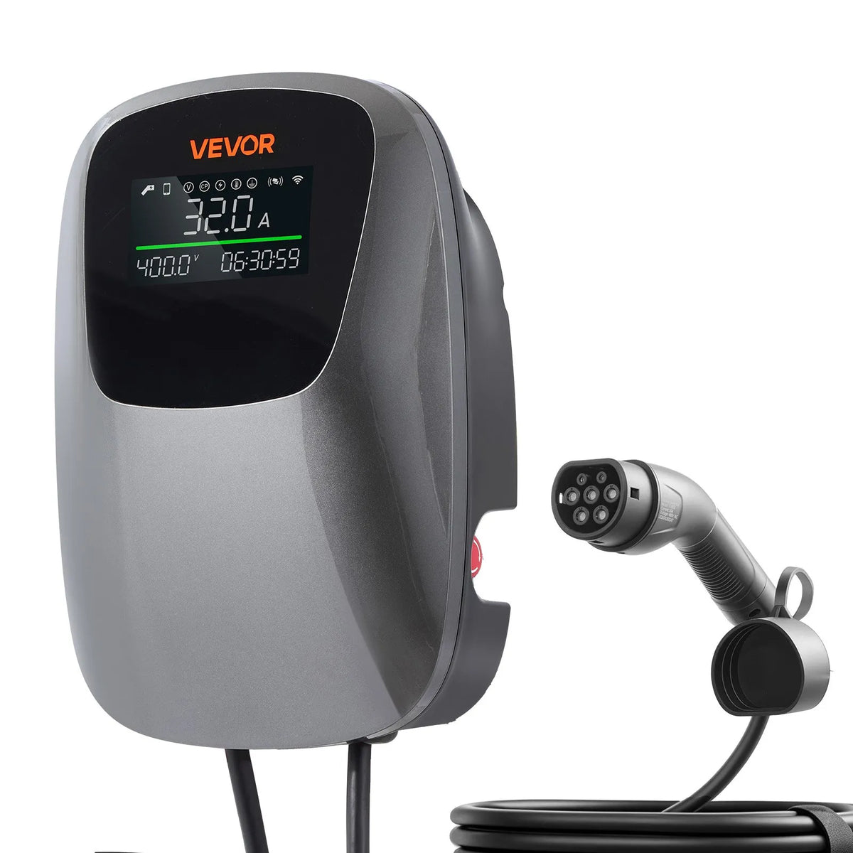 VEVOR 22 kW kolmefaasiline elektriautode laadimisjaam, millel on Type 2 pistik, CEE 32 A, 400 V, rakenduse kaudu juhtimine, digitaalne ekraan ja IP65 kaitseklass