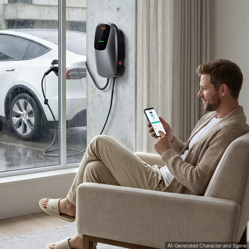 VEVOR 22 kW trīsfāžu elektroautomobiļu uzlādes stacija ar Type 2 savienotāju, 7,5 m kabeli, 400 V, 32 A, lietotnes attālināto vadību, LED indikatoru un IP65