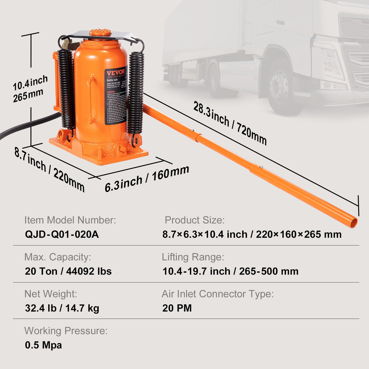 VEVOR pneimatiskais hidrauliskais pudeļdomkrats 20 t, 265-500 mm pacelšanas diapazons, ar rokturi un gaisa sūkni - automašīnām, kravas auto, kemperiem un industriālai lietošanai