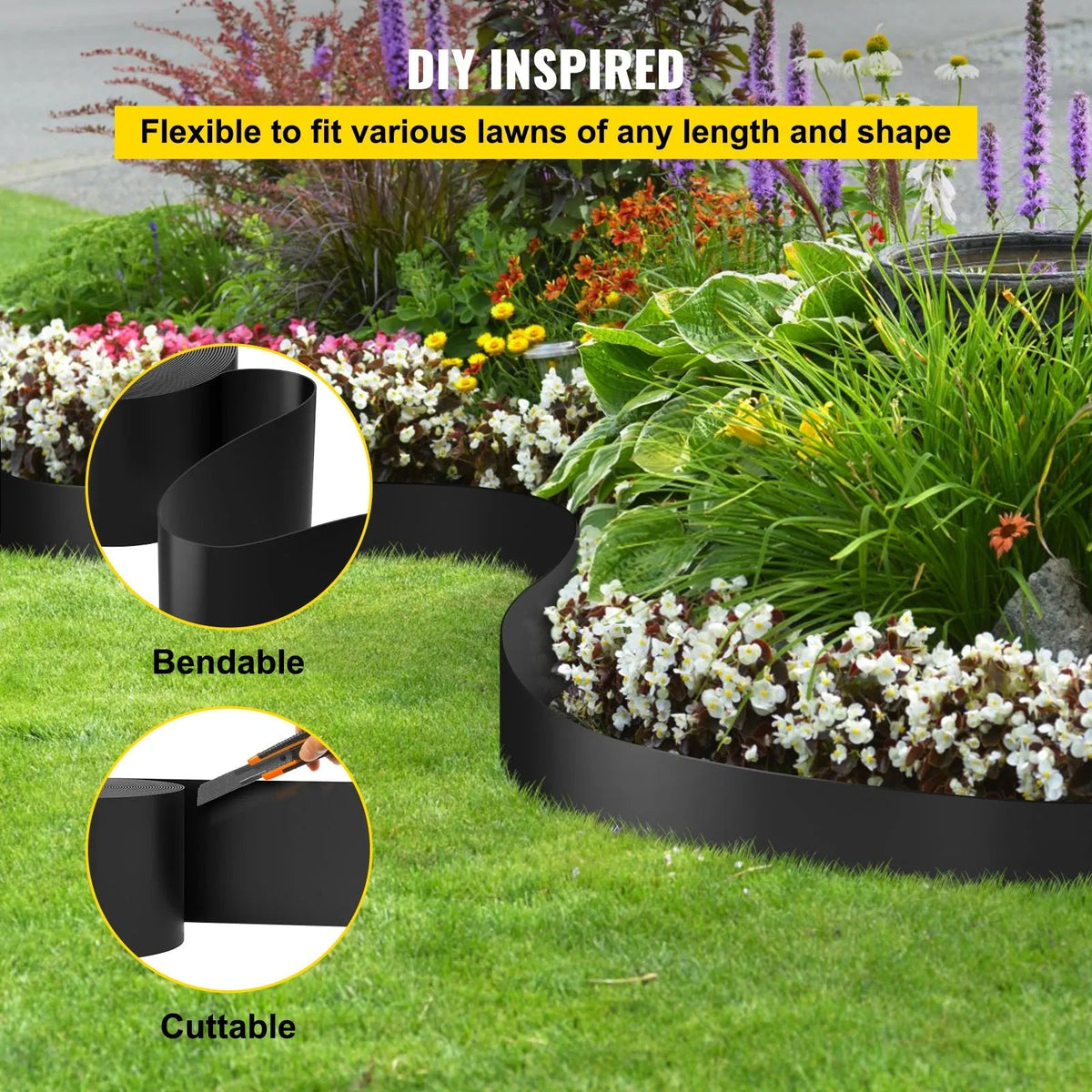 VEVOR ainavu apmale, 254 mm augstums, 45,7 m kopējais garums, pārstrādāta HDPE spirālveida terases mala, lokāma dārza un zāliena apmale ainavu veidošanai, pagalmam un dārzam, aizsardzībai pret nezāļu izplatīšanos, melna - ZEMLETES.LV