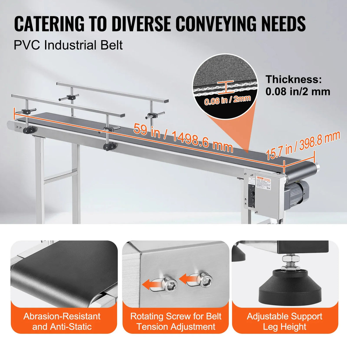 VEVOR Belt Conveyor with Variable Speed, 1500 × 400 mm Conveyor Table, Motorised Stainless Steel PVC Belt Conveyor for Marking and Ink Printing Equipment with Antistatic Belt and Dual Guard Rails