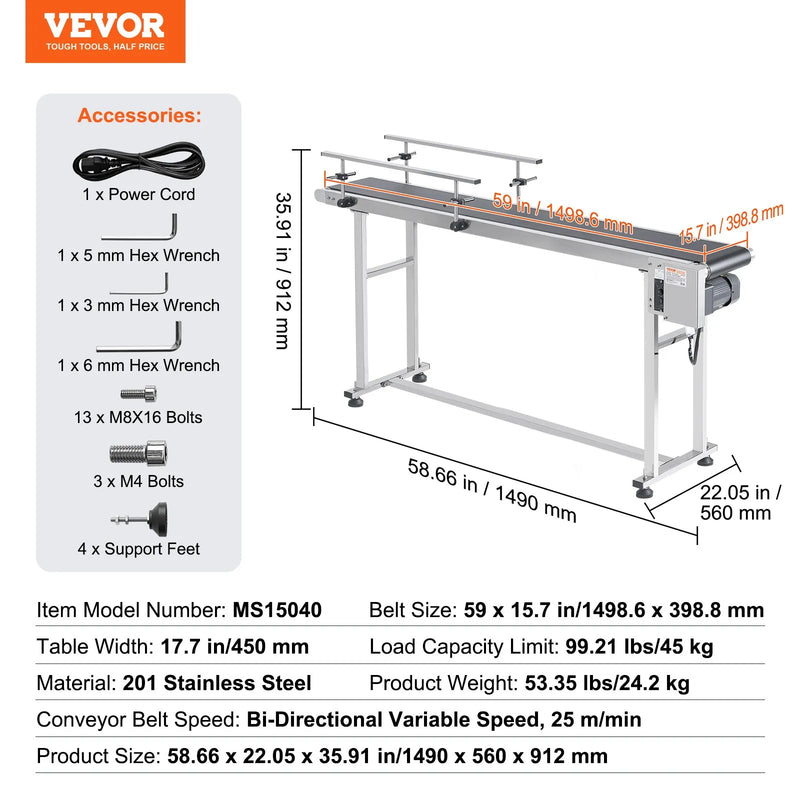 VEVOR lentes konveijers ar regulējamu ātrumu, 1500 × 400 mm konveijera galds, motorizēts nerūsējošā tērauda PVC lentes konveijers marķēšanas un tintes drukas iekārtām ar antistatisku lenti un dubultām aizsargmalām