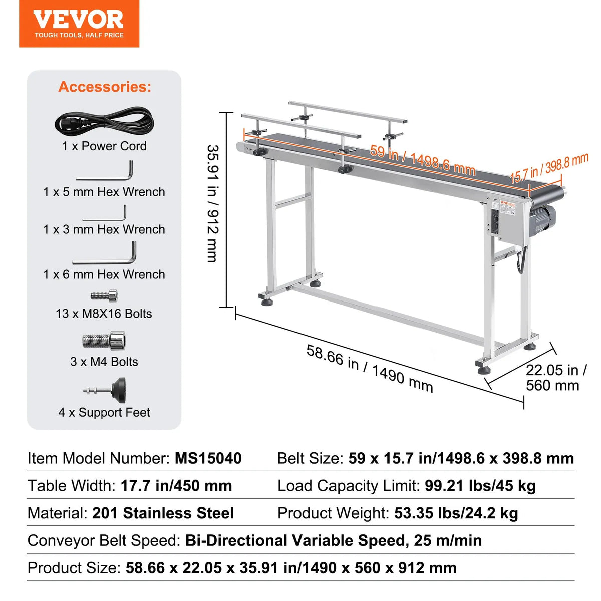 VEVOR Belt Conveyor with Variable Speed, 1500 × 400 mm Conveyor Table, Motorised Stainless Steel PVC Belt Conveyor for Marking and Ink Printing Equipment with Antistatic Belt and Dual Guard Rails