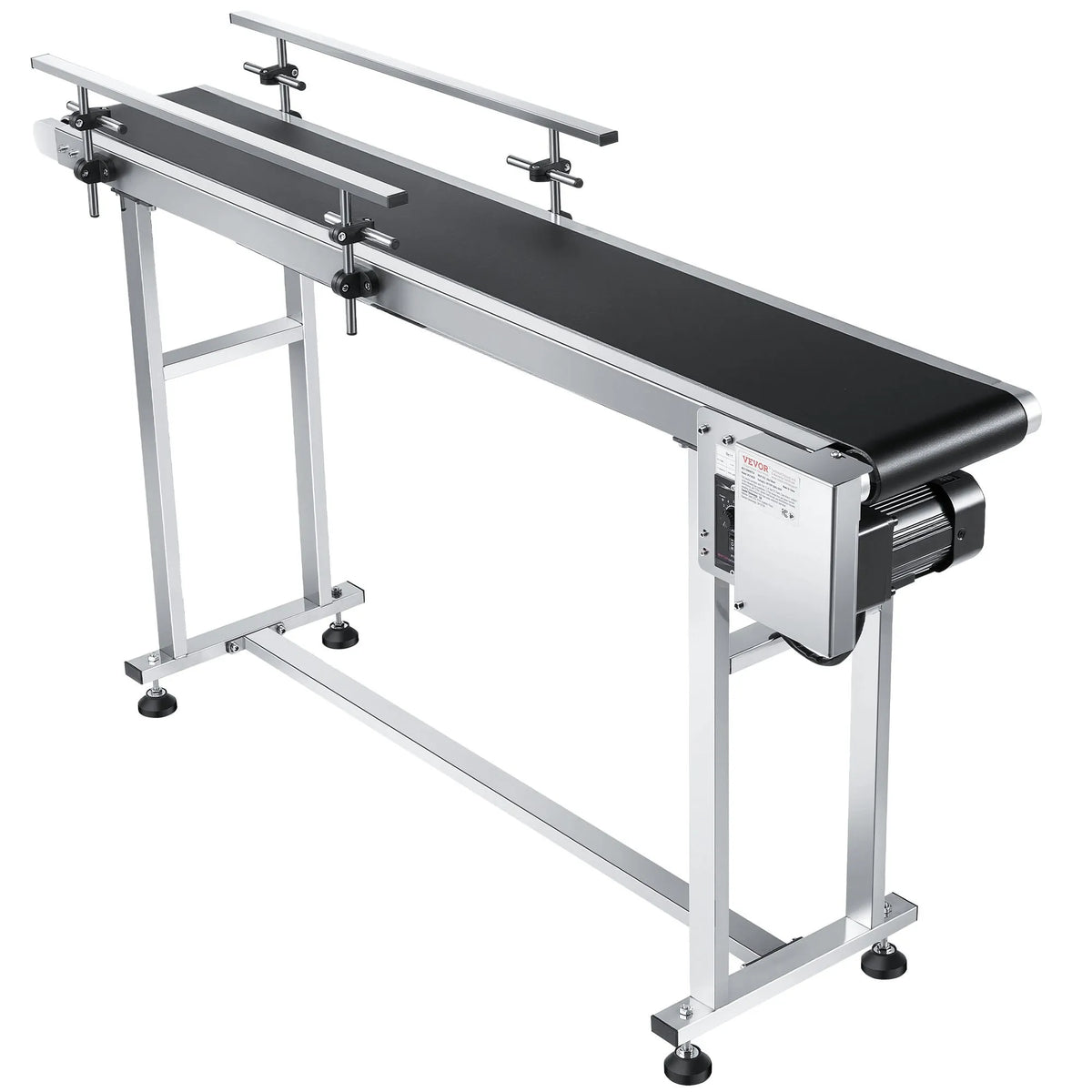 VEVOR lentes konveijers 150 × 20 cm ar regulējamu ātrumu, motorizēts nerūsējošā tērauda transportieris ar antistatisku PVC lenti un dubultām aizsargmalām marķēšanas darbiem