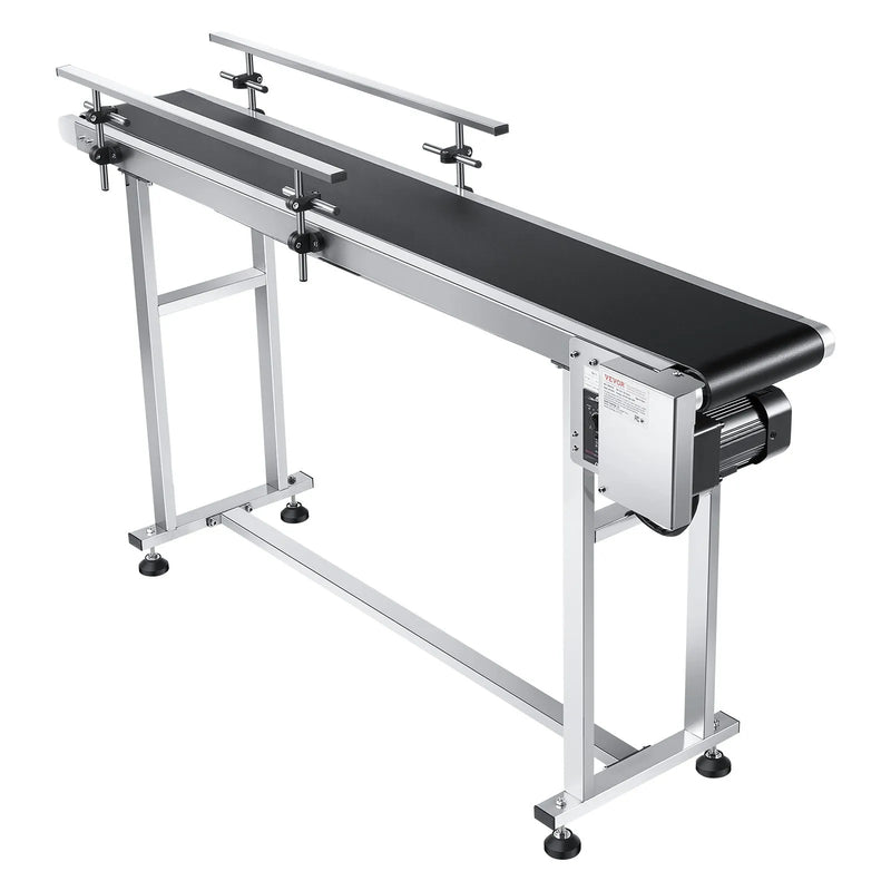 VEVOR lentes konveijers 150 × 20 cm ar regulējamu ātrumu, motorizēts nerūsējošā tērauda transportieris ar antistatisku PVC lenti un dubultām aizsargmalām marķēšanas darbiem