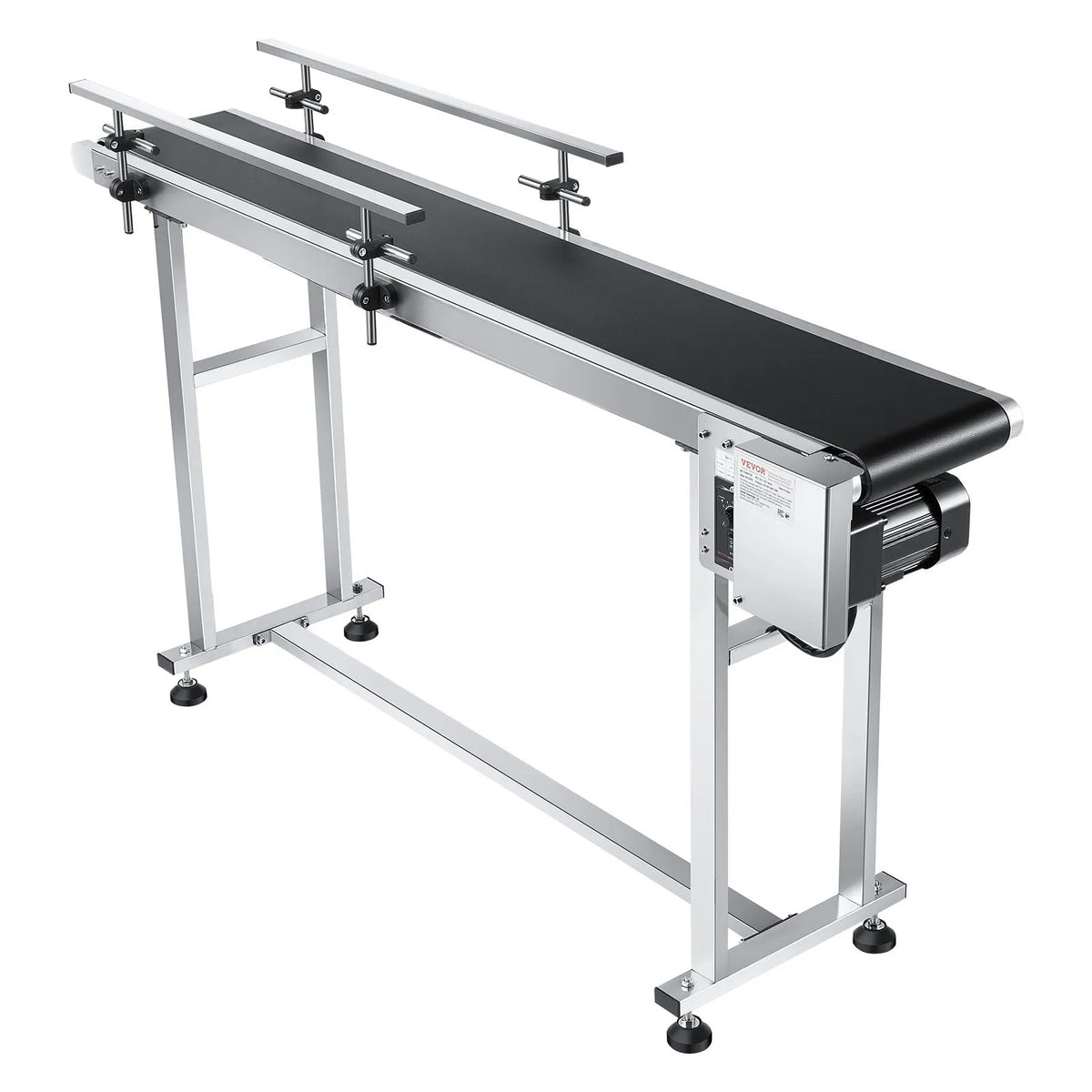 VEVOR lentes konveijers 150 × 20 cm ar regulējamu ātrumu, motorizēts nerūsējošā tērauda transportieris ar antistatisku PVC lenti un dubultām aizsargmalām marķēšanas darbiem