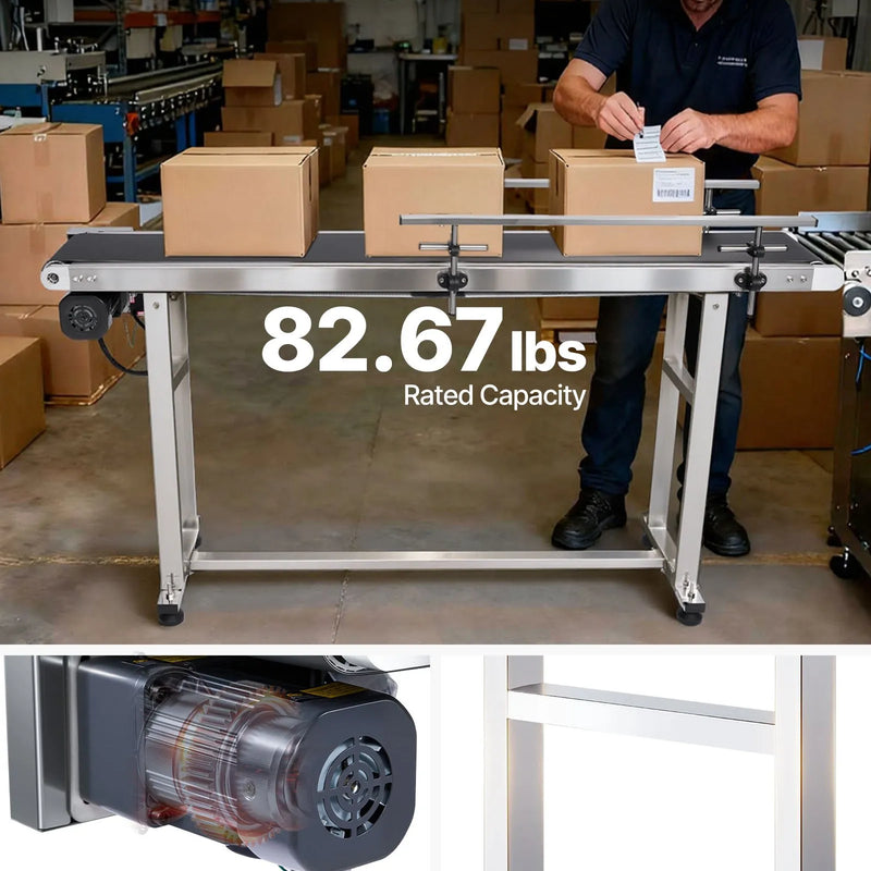 VEVOR lentes konveijers 150 × 20 cm ar regulējamu ātrumu, motorizēts nerūsējošā tērauda transportieris ar antistatisku PVC lenti un dubultām aizsargmalām marķēšanas darbiem