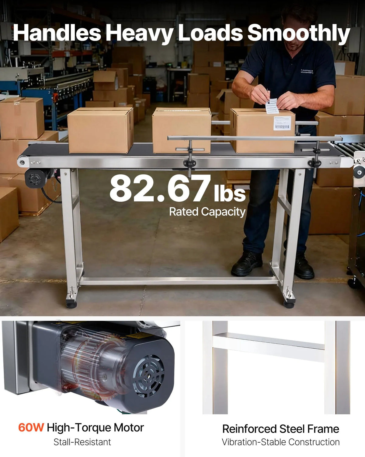VEVOR lentes konveijers 150 × 20 cm ar regulējamu ātrumu, motorizēts nerūsējošā tērauda transportieris ar antistatisku PVC lenti un dubultām aizsargmalām marķēšanas darbiem