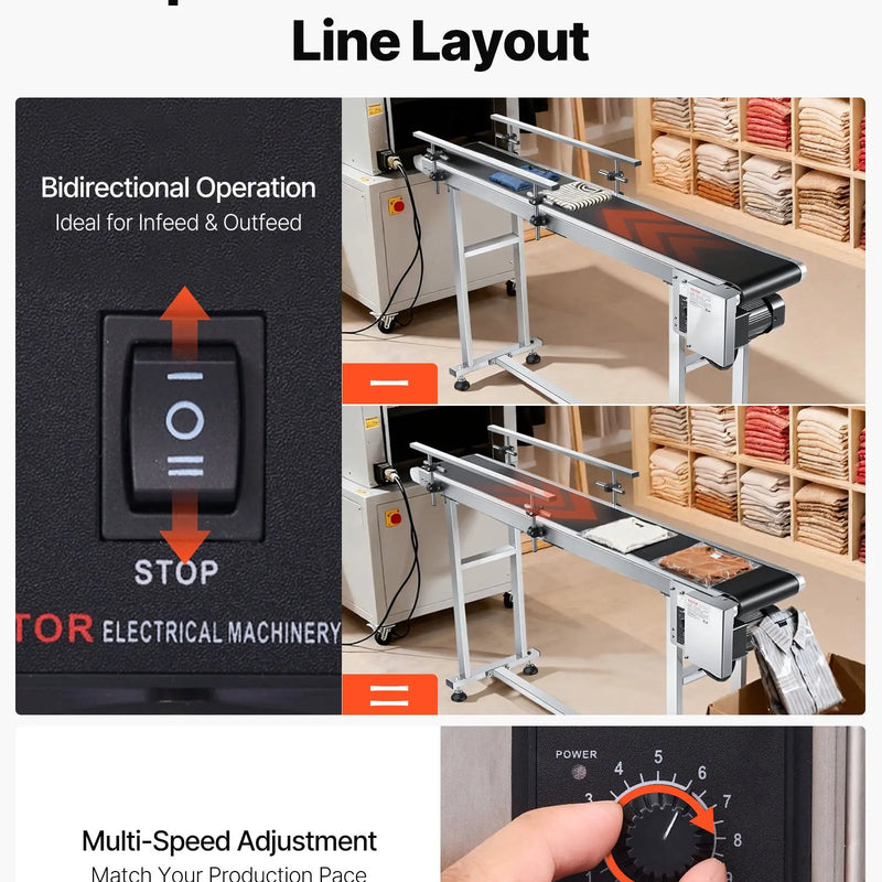 VEVOR lentes konveijers 150 × 20 cm ar regulējamu ātrumu, motorizēts nerūsējošā tērauda transportieris ar antistatisku PVC lenti un dubultām aizsargmalām marķēšanas darbiem
