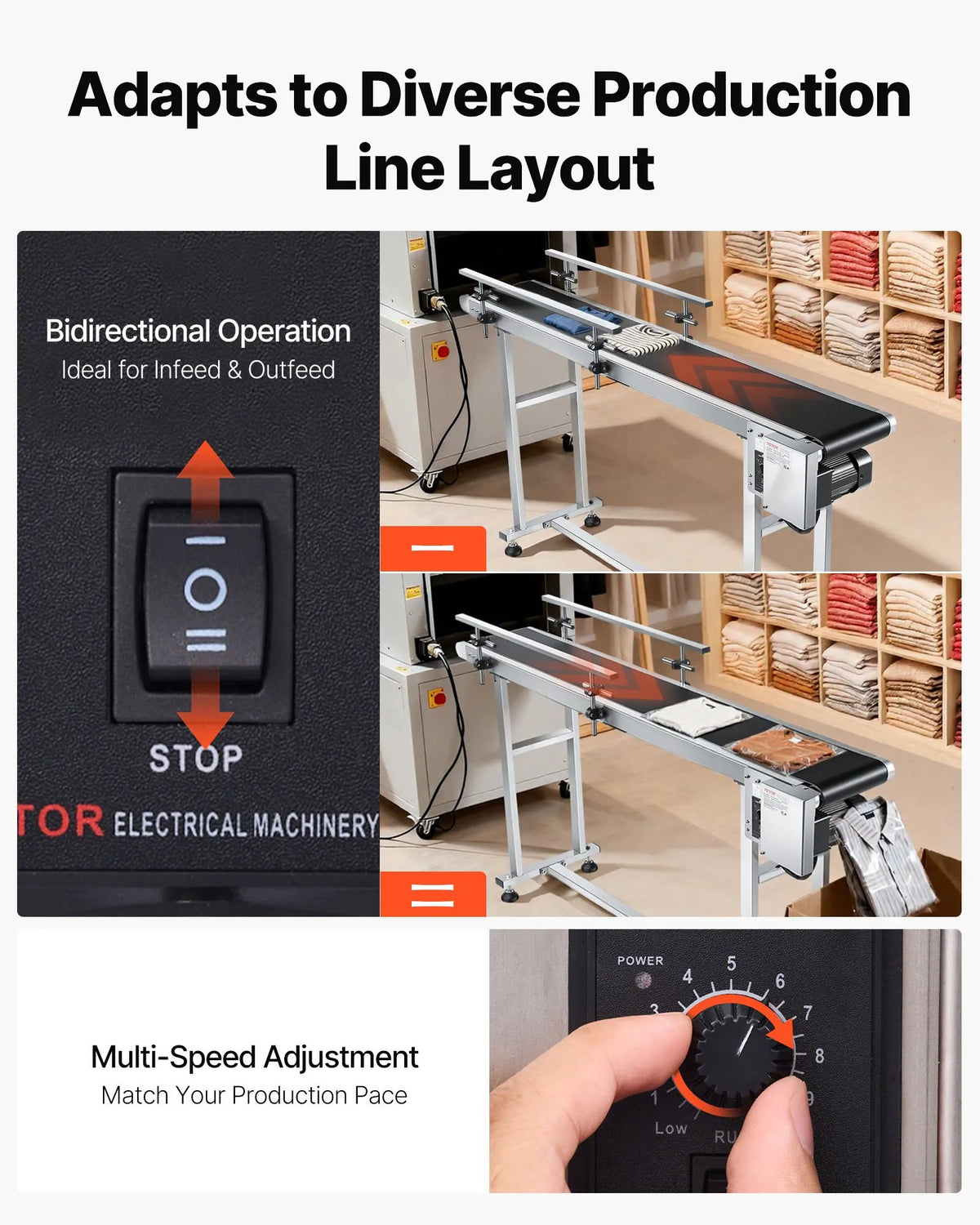 VEVOR lentes konveijers 150 × 20 cm ar regulējamu ātrumu, motorizēts nerūsējošā tērauda transportieris ar antistatisku PVC lenti un dubultām aizsargmalām marķēšanas darbiem